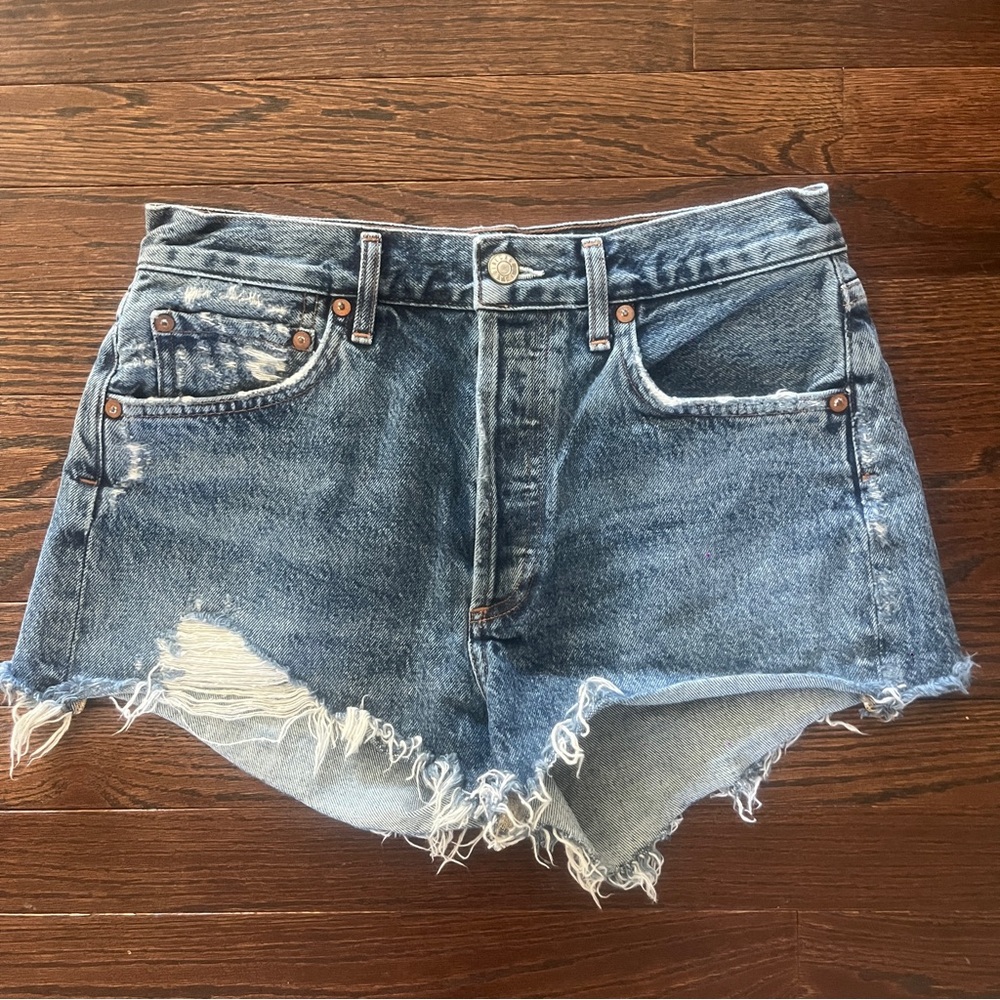 Agolde Distressed Light Blue Denim Cutoff Shorts